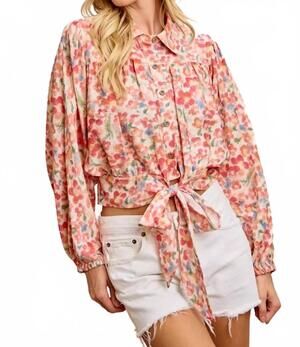 NEW BIBI floral print tie hem detail crop shirt in cream